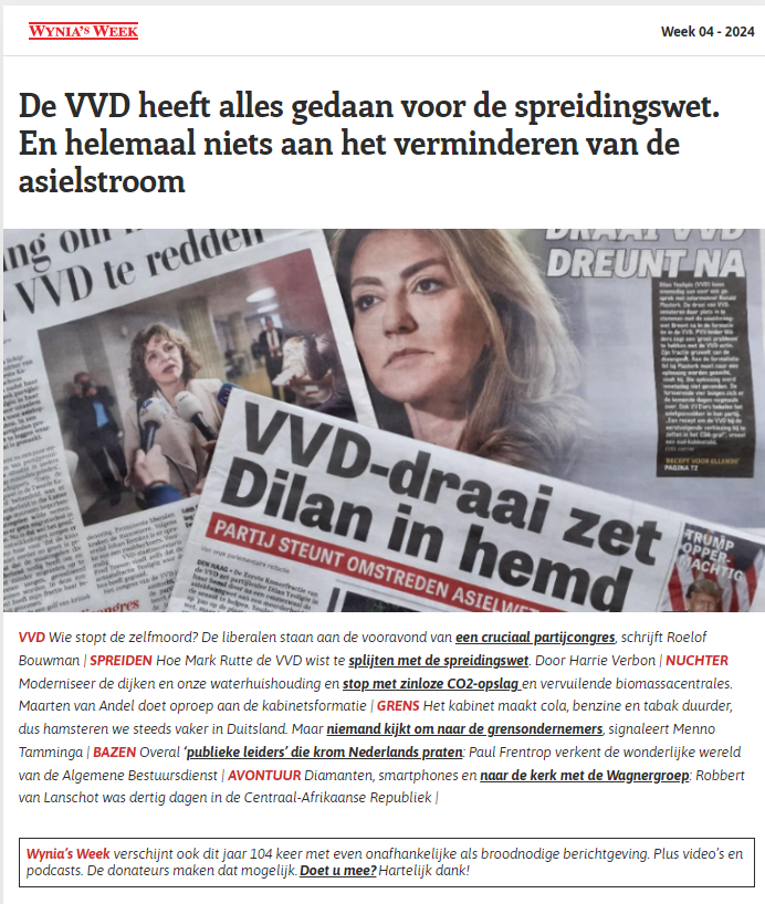 Wie stopt de liberale zelfmoord? En: wat deden <a href="/markrutte/">Mark Rutte</a> en <a href="/ericvanderburg/">Eric van der Burg</a> eigenlijk aan het verminderen van de asielstroom naar Nederland? Of deden ze alleen maar alles voor de #spreidingswet? Morgenvroeg, nieuwe #wyniasweek wyniasweek.nl <a href="/RoelofBouwman/">Roelof Bouwman</a> <a href="/harrieverbon/">Harrie Verbon</a>