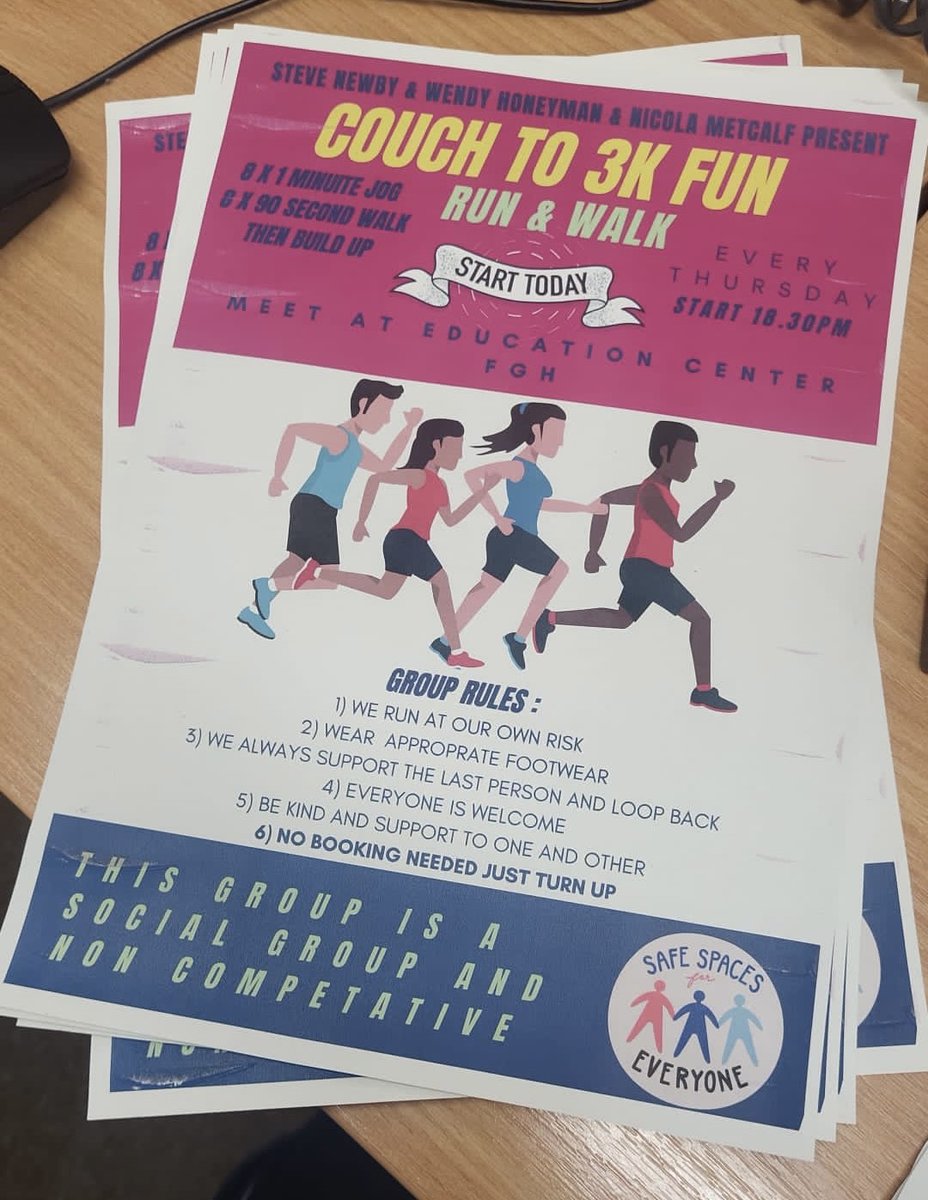 🏃‍♀️Couch to 3K Fun - Run & Walk 🏃‍♂️

Meeting at the FGH Education Centre every Thursday starting at 6:30pm 😆
@UHMBT #AHPsActive 

More information below ⬇️no booking needed, just turn up!