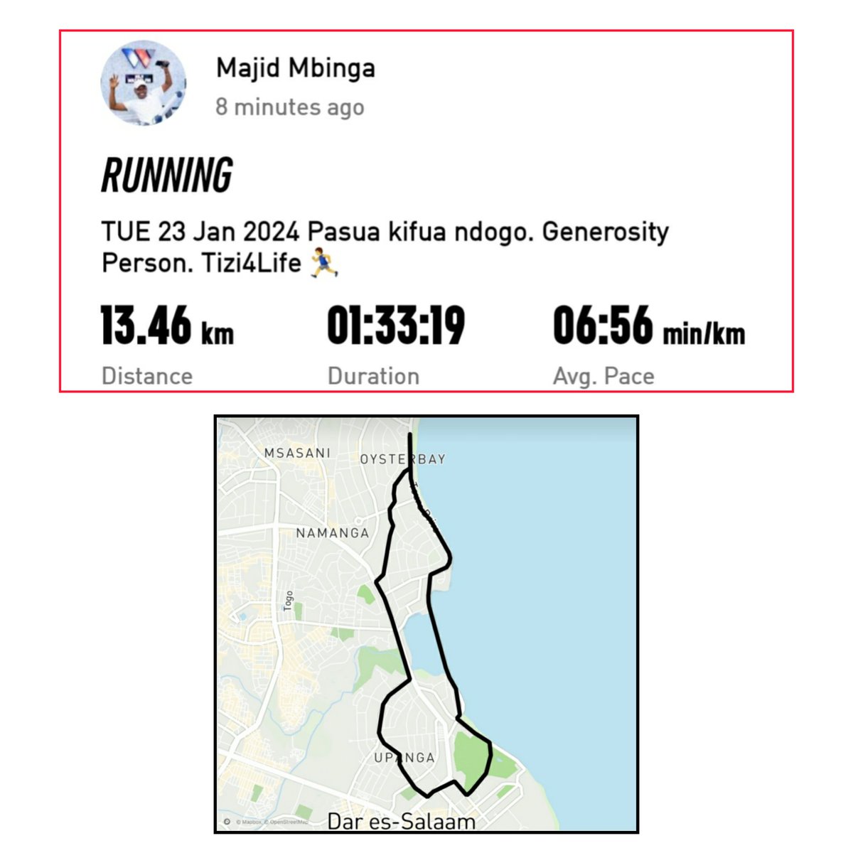 ankali_mambi's tweet photo. #DearMsomi Kwa leo imeisha 13.46Km Pasua Kifua ndogo na wakali Wasafi Jogging Club #TOTRunners #Jogging4Life https://t.co/b8seQtWeEV