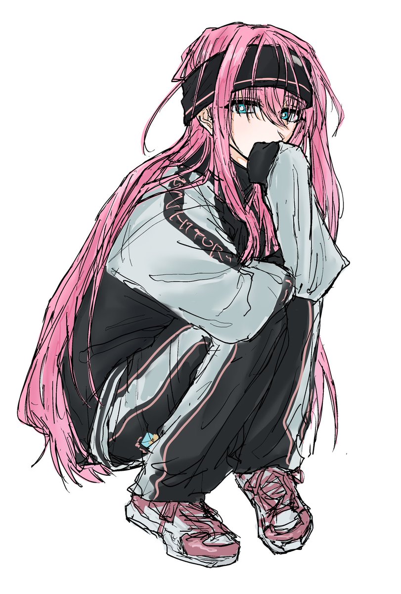 gotoh hitori 1girl solo pink hair long hair jacket white background pants  illustration images