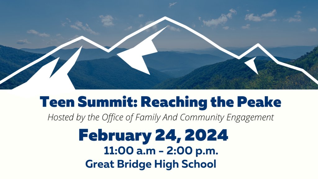 Our 2nd Annual Teen Summit will be held on February 24, 2024, at Great Bridge High School from 11:00 a.m. to 2:00 p.m. All middle and high school students and families are invited to attend. See session topics and RSVP here: tinyurl.com/2024TS