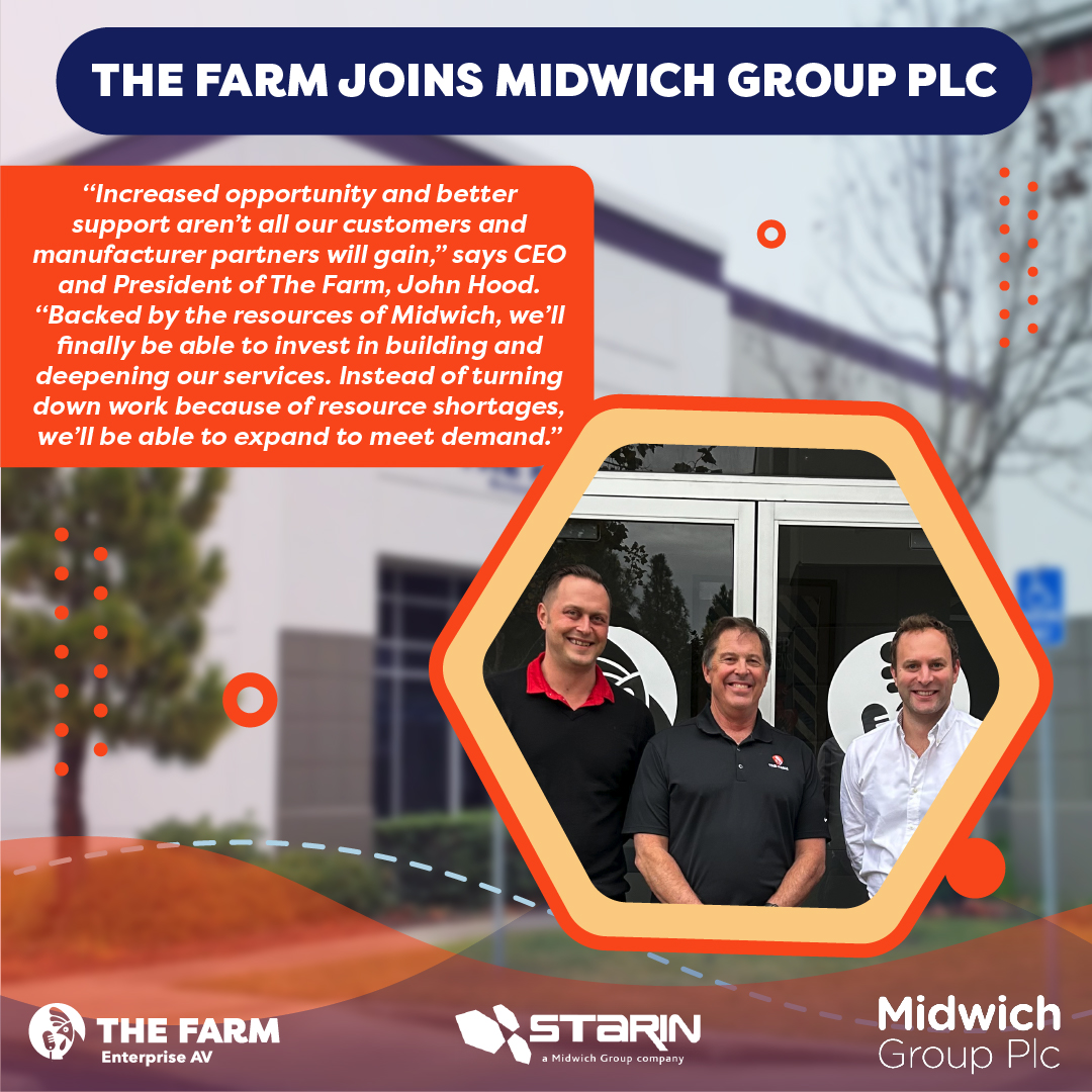 BIG NEWS from The Farm! 🐓 In a strategic move, The Farm joins forces with @Midwich Group PLC’s U.S. operations, @starin_mkg  to expand its geographic presence and specialist services. Check out the entire article here: thefarmav.com/the-farm-joins…

#proav #avtweeps #avexperts #avnews