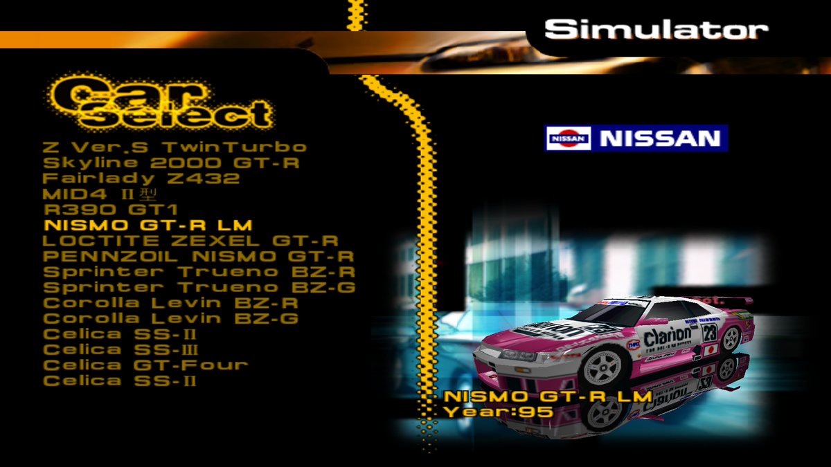 Trying 'The Real Car Simulator R', a simracer that I'm guessing was made to advertise car brands. Because this game has a Toyota and Nissan Edition. Though the one I'm playing has both brands patched in. 

It has some rare cars I don't see in racing games often.