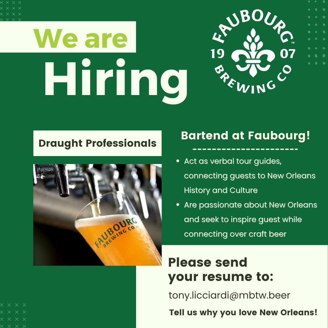 Faubourg Beer (@faubourgbeer) on Twitter photo ππ'ππ ππππππ π½πΌπππππΏπππ! If you're someone who loves the vibrant culture of #NewOrleans and has an appreciation for craft beer, we want to hear from you! Send your resume and a brief note about why you love New Orleans to tony.licciardi@mbtw.beer to apply! ππ'ππ ππππππ π½πΌπππππΏπππ! If you're someone who loves the vibrant culture of #NewOrleans and has an appreciation for craft beer, we want to hear from you! Send your resume and a brief note about why you love New Orleans to tony.licciardi@mbtw.beer to apply!