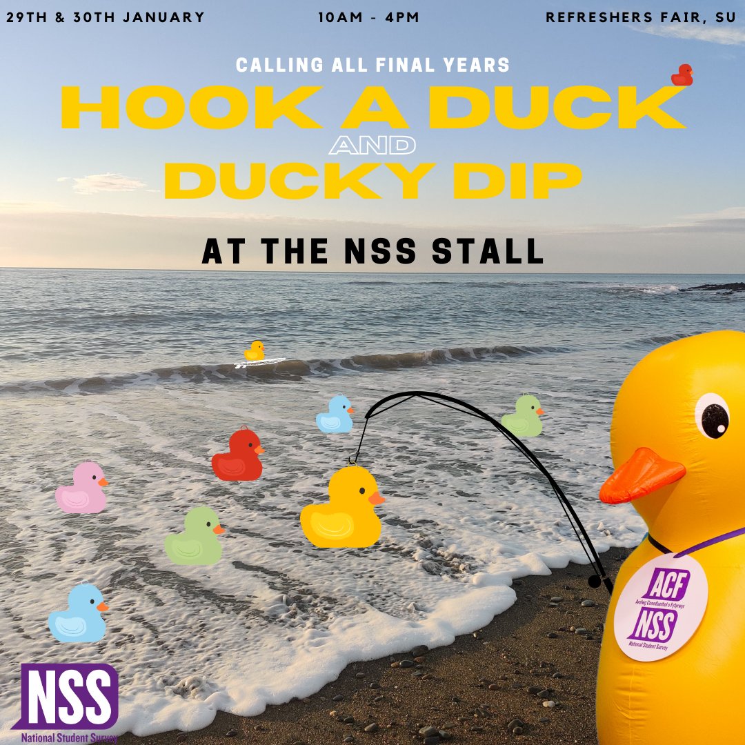 🦆  REFRESHERS FAIR - MEET ABERQUACK!

The # NationalStudentSurvey is now open.

To celebrate, AberQuack will be giving out freebies and sweet treats at Refreshers Fair on Monday 29th January and Tuesday 30th January.

See you there! 🦆😀🤩

#AberNSS