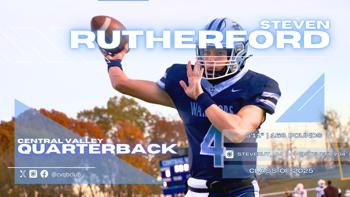 Central Valley Quarterback Club-Warriors Football (@cvqbclub) on Twitter photo 🏈Meet Steven Rutherford, Class of 2025 QB! <a href="/stevencv04/">Steven Rutherford</a> is all about precision and poise. With the ability to scramble and unleash downfield, Steven's ready to take his game to new heights! – watch this space! 🔥#qb1 #warriornation <a href="/CoachLyonsCVfb/">Mark Lyons</a> <a href="/PA_TodaySports/">PA Today</a> <a href="/PghSportsNow/">Pittsburgh Sports Now</a> 🏈Meet Steven Rutherford, Class of 2025 QB! <a href="/stevencv04/">Steven Rutherford</a> is all about precision and poise. With the ability to scramble and unleash downfield, Steven's ready to take his game to new heights! – watch this space! 🔥#qb1 #warriornation <a href="/CoachLyonsCVfb/">Mark Lyons</a> <a href="/PA_TodaySports/">PA Today</a> <a href="/PghSportsNow/">Pittsburgh Sports Now</a>