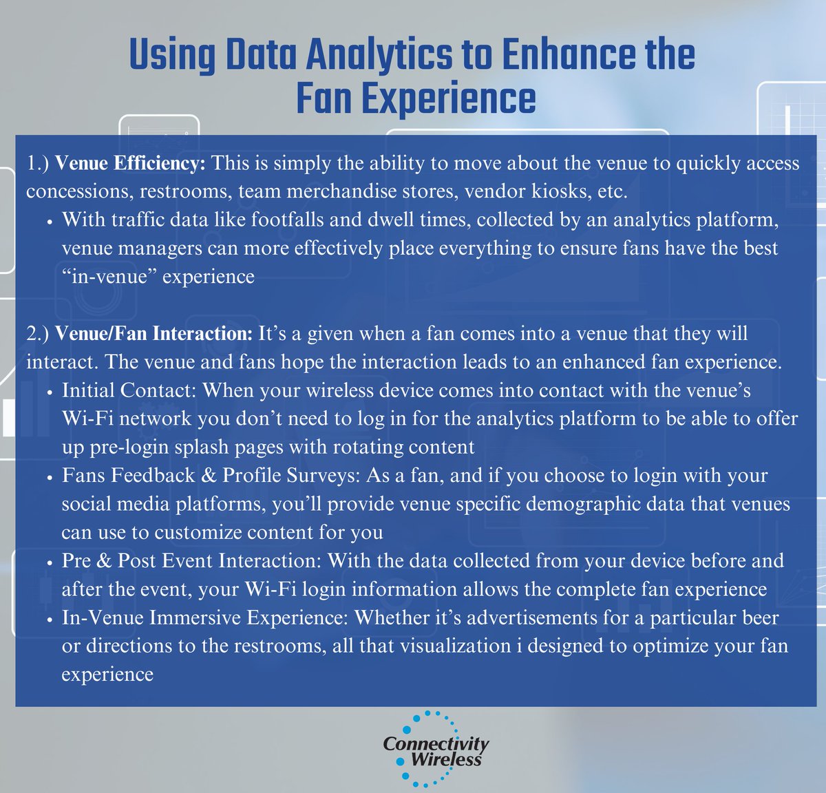 Having as much insight as possible into your venue is more important than ever. If your priorities are to provide robust Wi-Fi access or build a revenue stream, we can help you with our ConnectLytix platform. Visit us at hubs.ly/Q02hhGzX0 to learn how.

#analytics #wifi