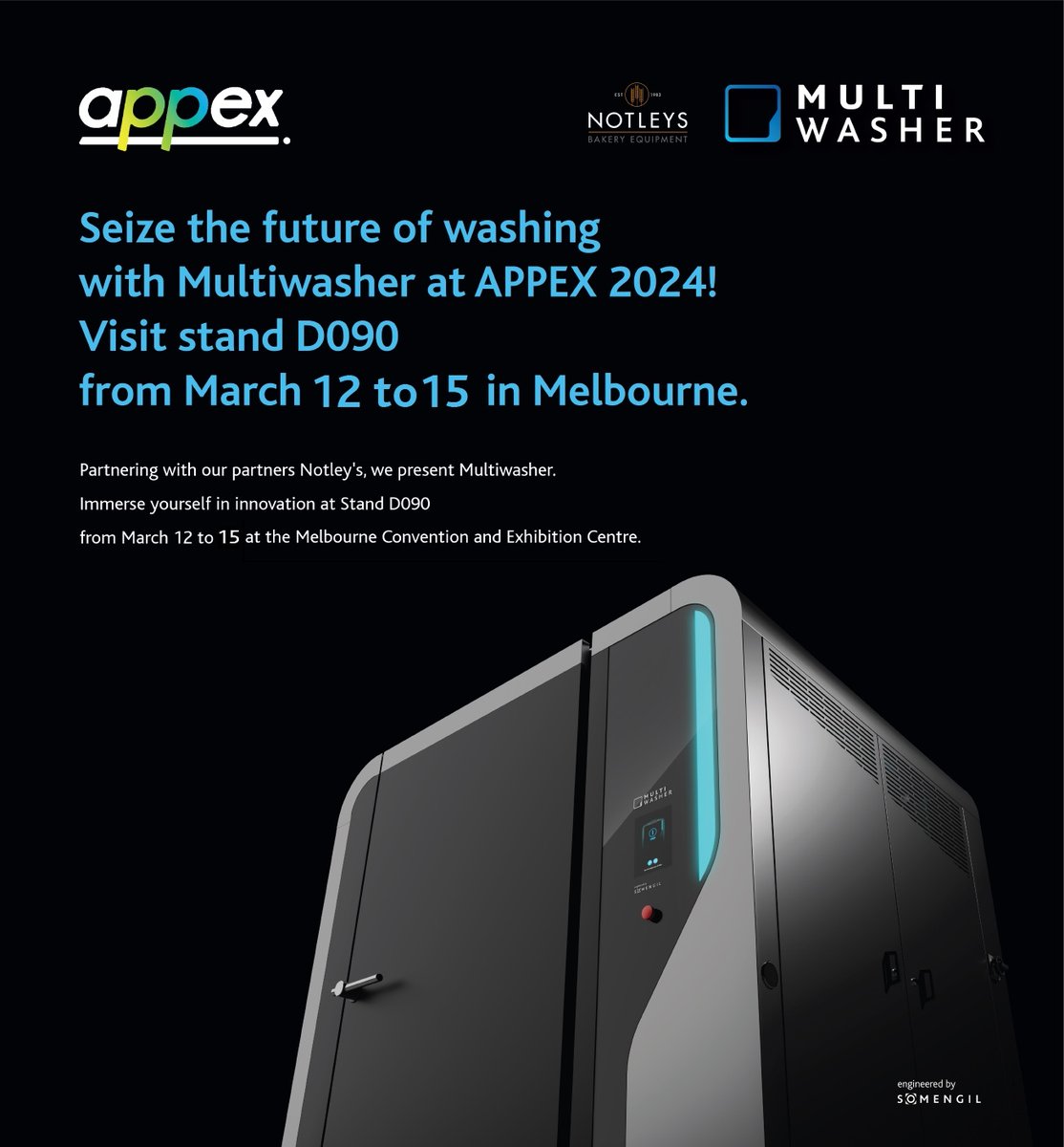 somengil's tweet image. Visit us at the @appex2024 on 12-15 March 2024, in Melbourne. We’ll be there with our partners Notleys Bakery Equipment at stand D090, and we look forward to showcasing our sustainable washing equipment.

#somengil #multiwasher #appex #appex2024 #sustainability #industrialwashing