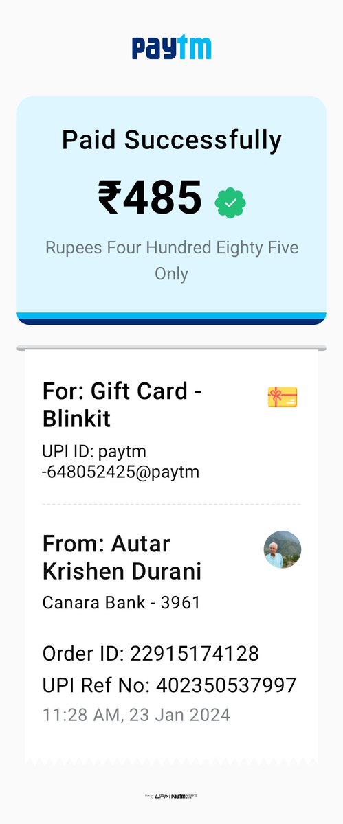 akdurani's tweet photo. Hey, I paid ₹485.00 to Gift Card - Blinkit using Paytm. https://t.co/AA34AvDgL9