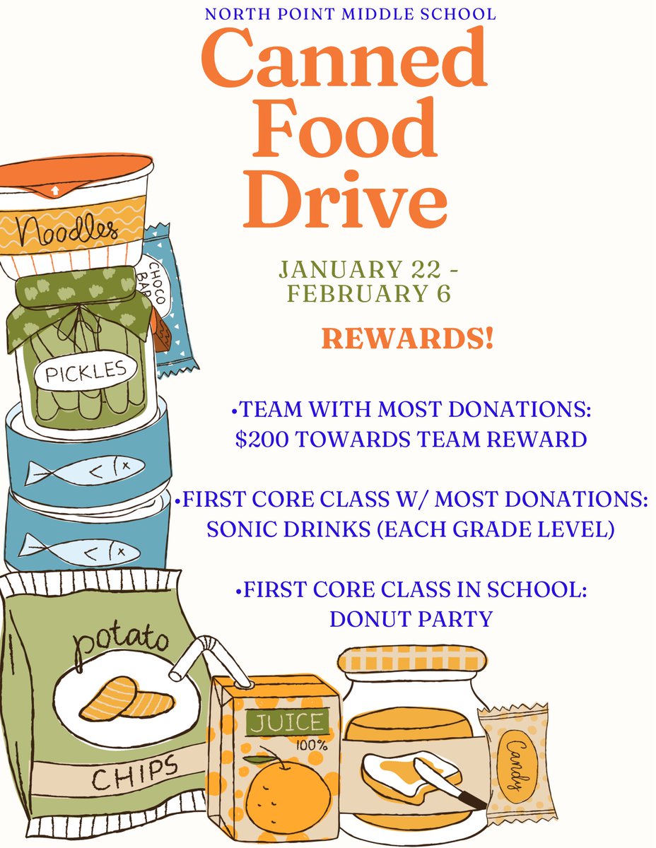 Help North Point NJHS support Sts. Joachim &amp; Ann, the largest food pantry in St. Charles, Lincoln, and Warren Counties! Bring cans or a cash donation to your first core class from now until February 6th. <a href="/DrKellyMantz/">DrMantz</a>