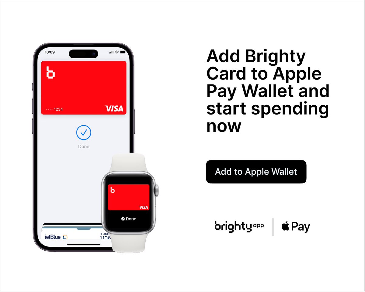 Go ahead, leave your wallet at home! With Apple Pay, you can pay with your  Brighty Debit Crypto Visa card right from your iPhone or Apple Watch! More  information is available by
