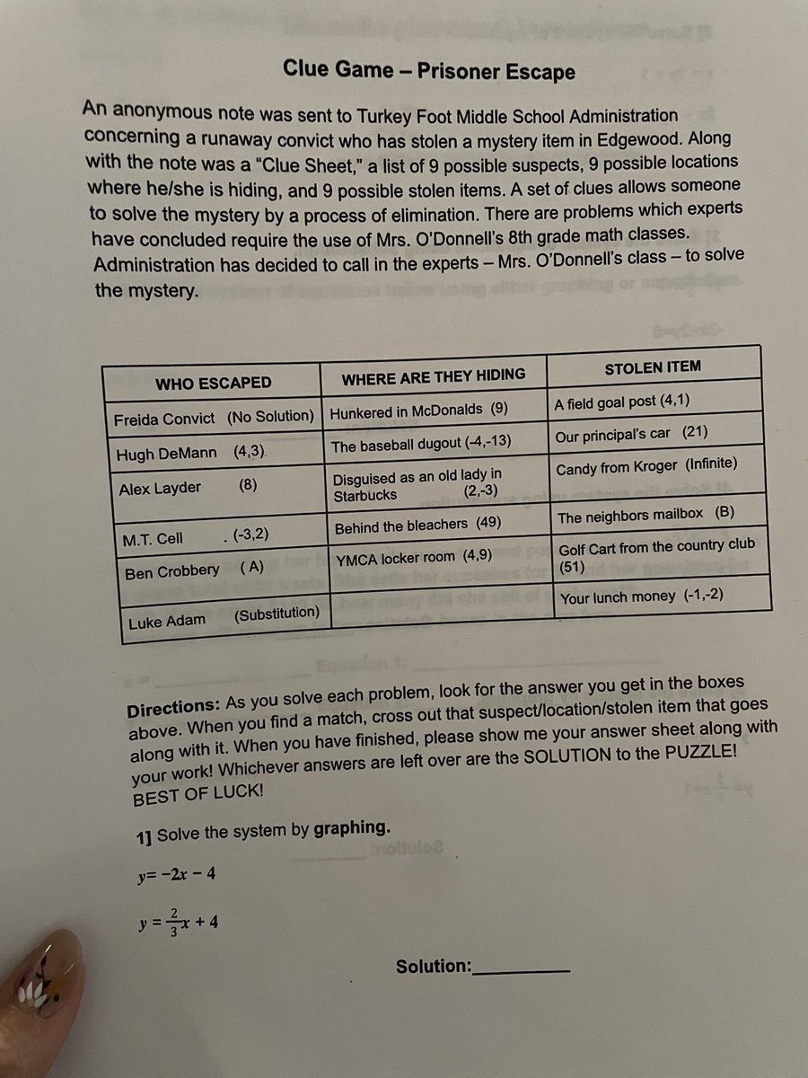 We love having Ms. Parsons as a part of our classroom this year! She created a Clue mystery game review for students to prepare for their common assessment tomorrow. We will miss her dearly when she’s finished student teaching! @FootMiddle #findyourspirit