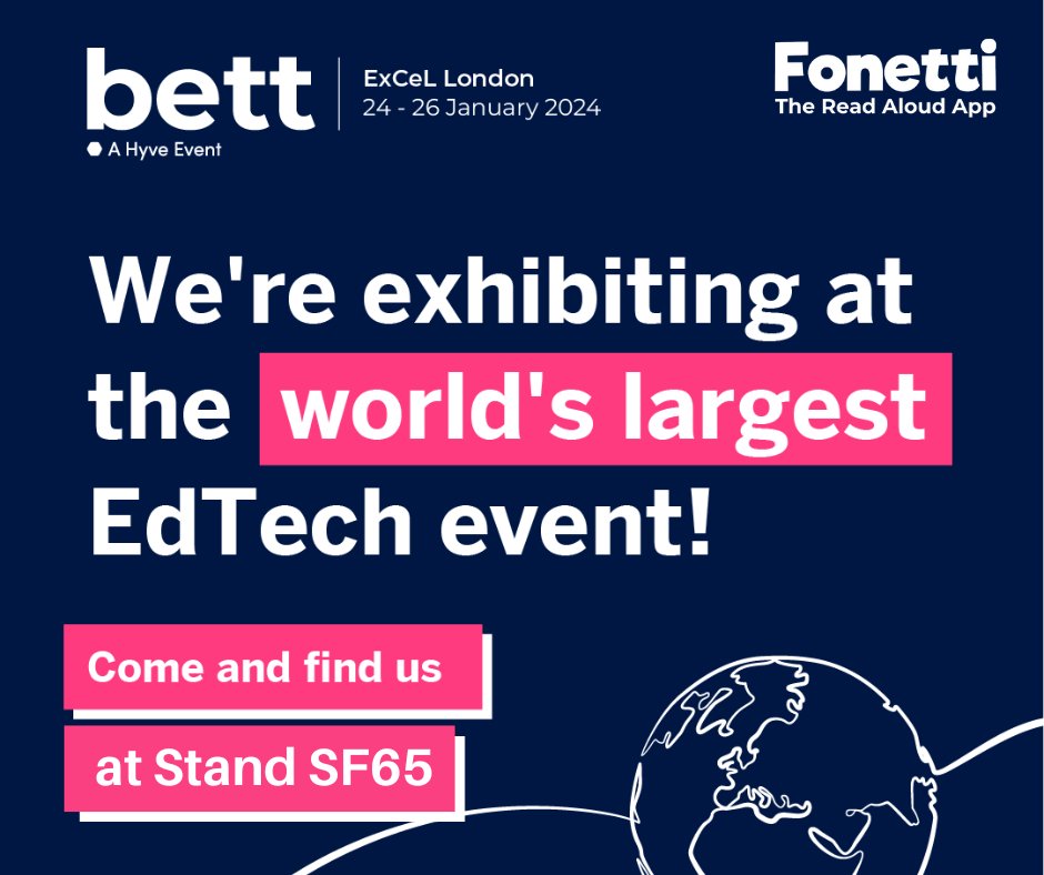 Exciting news! Our read aloud platform, Fonetti, is being showcased @Bett_show this week. Meet our team and witness how Fonetti is changing lives by helping children read aloud. Visit us at stand SF65 for a chance to win a free one-year whole school package! #Bett2024 #Fonetti