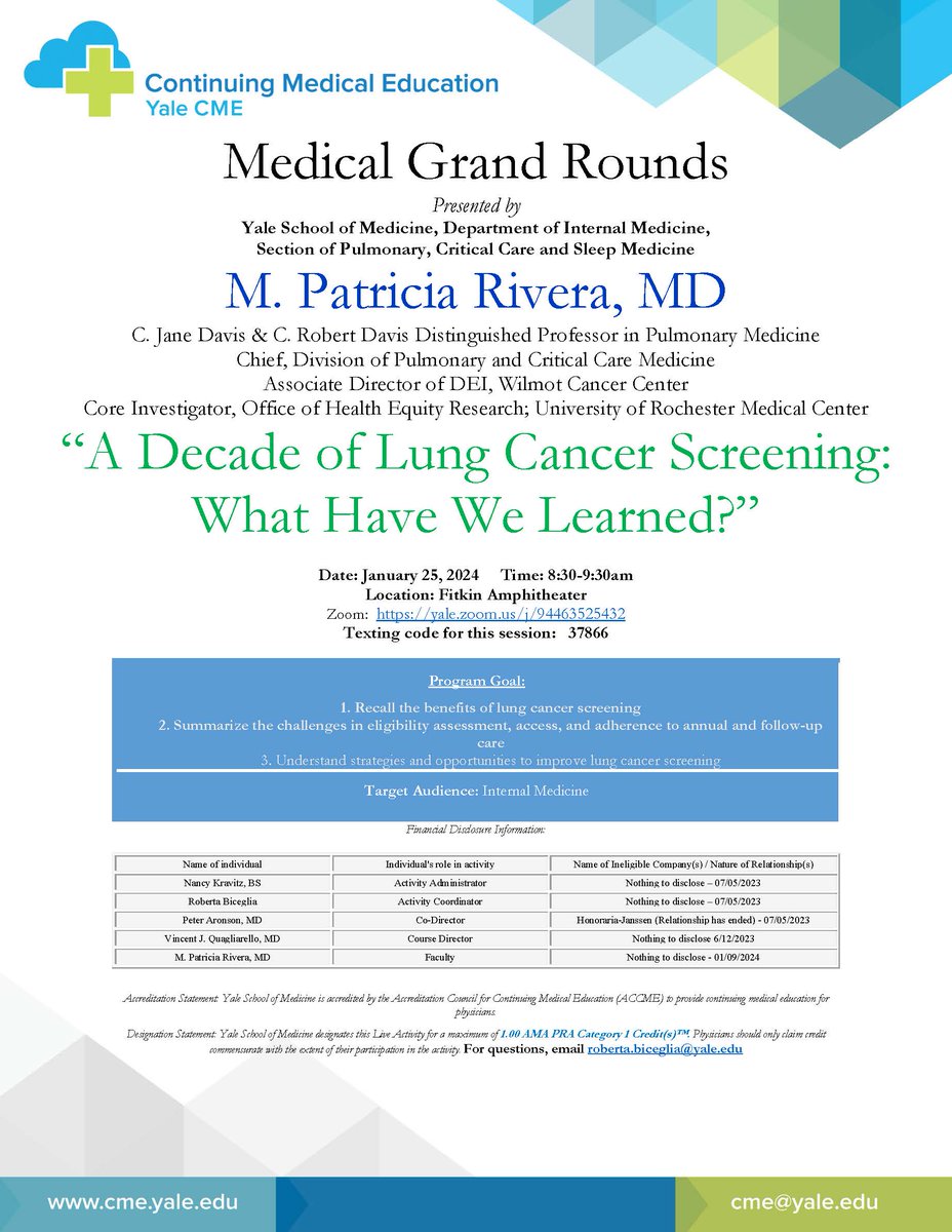 YalePCCSM's tweet photo. Medical Grand Rounds
🥼M. Patricia Rivera, MD
📢A Decade of Lung Cancer Screening: What Have We Learned?
📅Thursday, January 25th
🕣8:30am
📍Fitkin
📍ZOOM: https://t.co/n57oVQ489Z
#WomenInMedicine #ATSPresident #YalePCCSM @atscommunity @MPatriciaRivera https://t.co/1icQxiTCSp