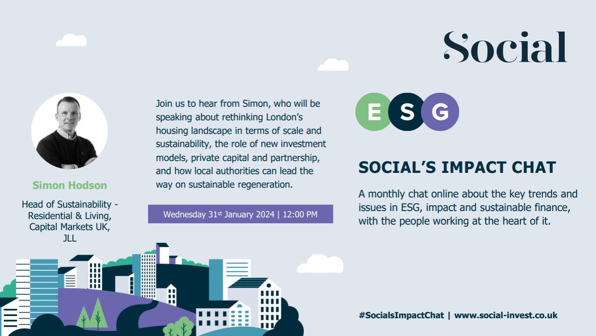 You're invited to join us and Simon Hodson, Head of Sustainability Residential & Living, Capital Markets UK at JLL for Social's first Impact Chat of 2024! Put Wednesday 31st Jan at 12PM in your calendar, and secure your virtual place here 👉events.teams.microsoft.com/event/b32a088d…