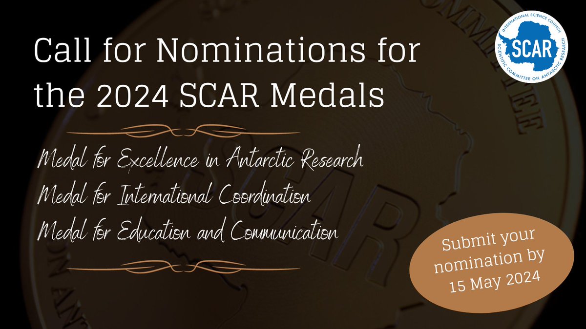 Reminder: Nominations are still open for our three SCAR Medals. 🎖️ for Excellence in Antarctic Research 🎖️ for International Coordination 🎖️ for Education and Communication Don't miss the chance to nominate someone outstanding by 15 May 2024. ➡️ scar.org/fellowships-aw…