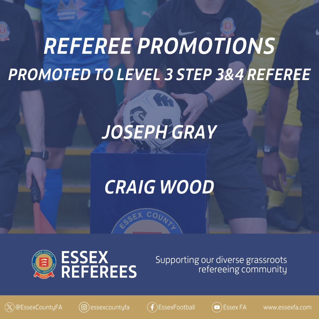 Congratulations to the 2️⃣ @EssexReferees who have been promoted by @FARefereeing to Level 3 Step 3&4 Referee 👏 

#DevelopedInEssex