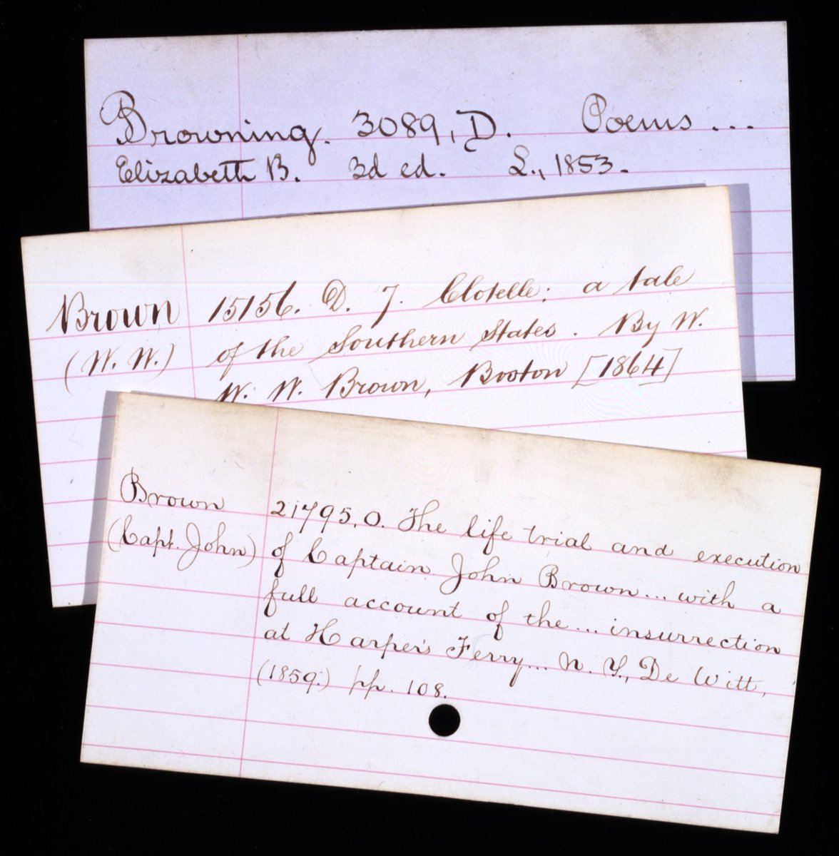 These cards from our original catalog were created before library hand was adopted at library schools ca 1885. Created by Melvil Dewey &amp; Thomas Edison, library hand was a handwriting style taught to ensure uniformity &amp; legibility in card catalogs. 
Happy National Handwriting Day!