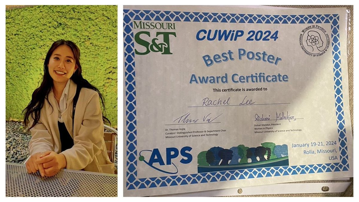 RidwanSakidja's tweet photo. Congrats to our @MissouriState Rachel Lee for winning Best Poster Award @APSphysics Conf. for Undergraduate Women in Physics #CUWiP, regionally held at @MissouriSandT. #CUWiP took place @ 15 loc. nationwide. Her poster is on AI application for quantum computers. Way to go Rachel! https://t.co/csRhMKxibR