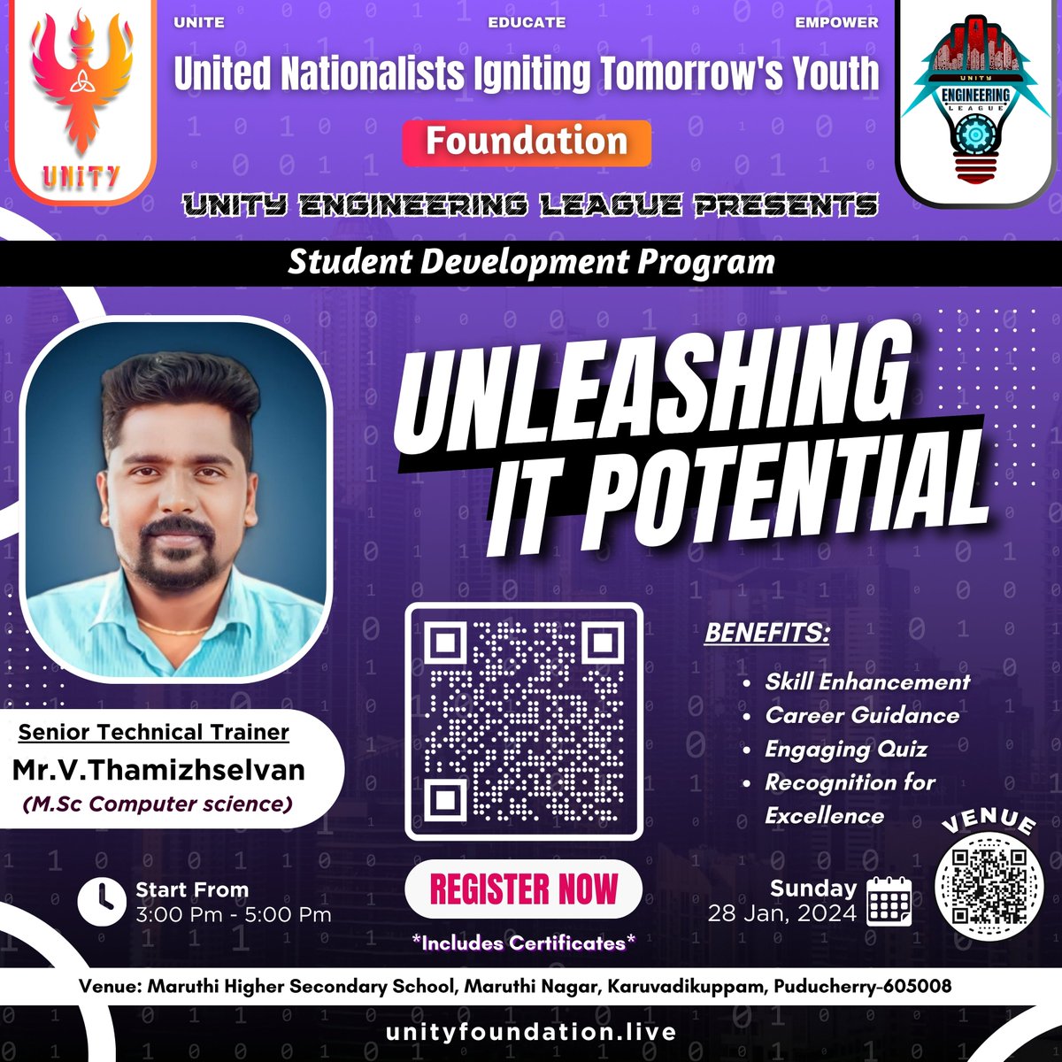 Unity_Offic's tweet photo. Student Development Program: UNLEASHING IT POTENTIAL

Save the date [28/01/24] for this opportunity to shape your IT success!

Timing: 3:00 P.M to 5:00 P.M

Venue: https://t.co/FCce58DF45

Register here: https://t.co/RnZBZz5eDJ

#unityfoundationpuducherry #puducherry #ITCareers https://t.co/EXDLOUJ2ZG