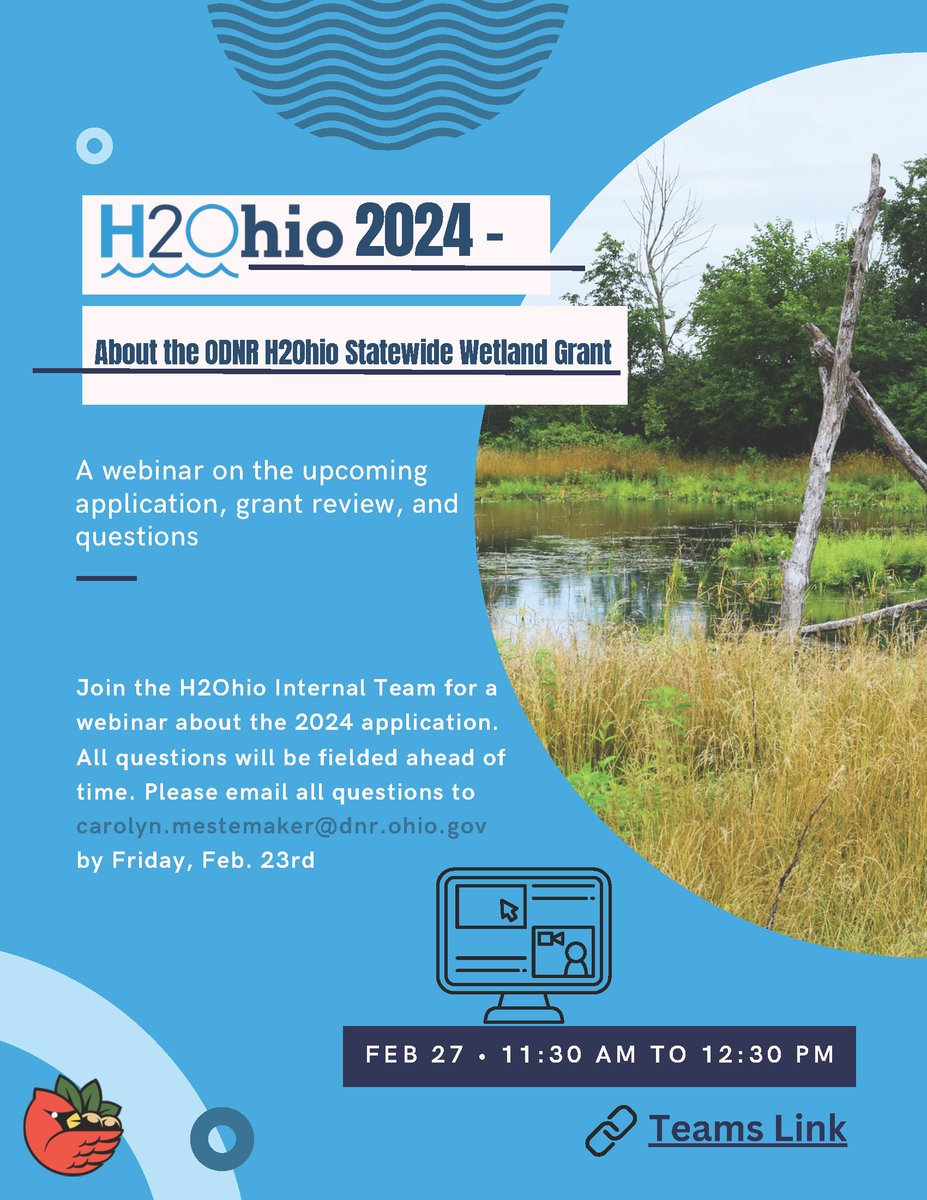 Interested in the H2Ohio statewide wetland grant program? Look no further! Don't miss this webinar to learn how your community can benefit. Email Carolyn.Mestemaker@dnr.ohio.gov to RSVP! @ohiodnr h2.ohio.gov