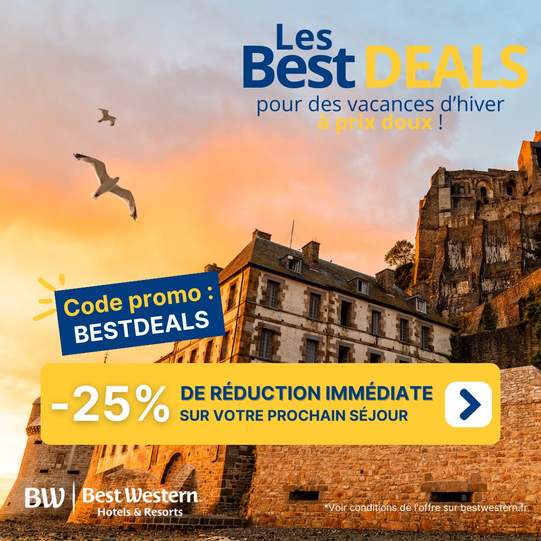 Envie de découvrir la France pour les vacances d'hiver ? Jusqu'au 9 février, bénéficiez d'une réduction de -25% pour tout séjour dans nos hôtels, compris entre le 10 février et le 10 mars en utilisant le code promo BESTDEALS ! 😍
👉 bestwestern.fr/new_landing_pa…

#Voyage #PROMO