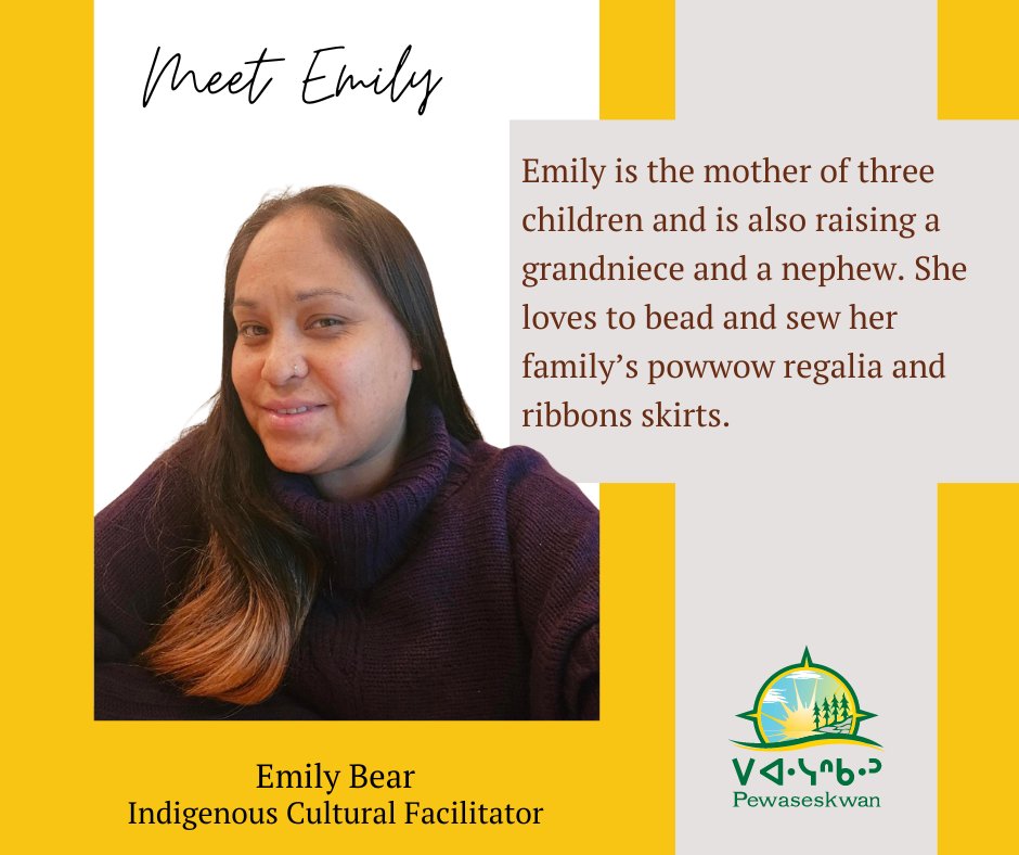 Meet Emily Bear, our Indigenous Cultural Facilitator. She is Nehiyawak (Plains Cree) from Beardy’s and Okemasis First Nation in Treaty 6 territory. For a full bio, visit pewaseskwan.ca/people/pewases… TeamSpotlight