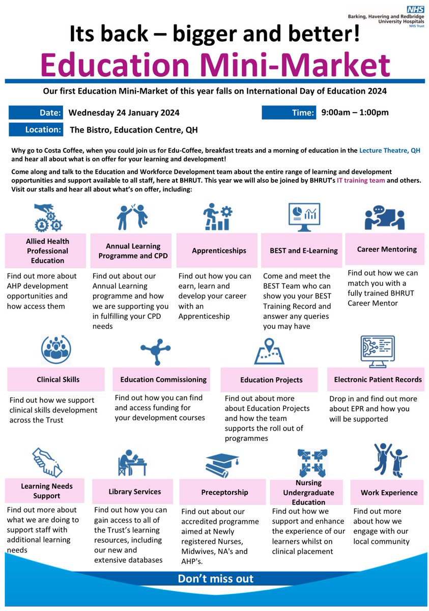 BHRUT Career Maps (@bhr_careermaps) on Twitter photo 📢Calling all of <a href="/BHRUT_NHS/">BHRUT NHS 🏥</a>! Step into our Education Mini Market on International Day of Education and open the door to a world of resources and opportunities!🤩
See you tomorrow at the Bistro, Education Centre, Queen’s Hospital from 9-1pm. 📢Calling all of <a href="/BHRUT_NHS/">BHRUT NHS 🏥</a>! Step into our Education Mini Market on International Day of Education and open the door to a world of resources and opportunities!🤩
See you tomorrow at the Bistro, Education Centre, Queen’s Hospital from 9-1pm.