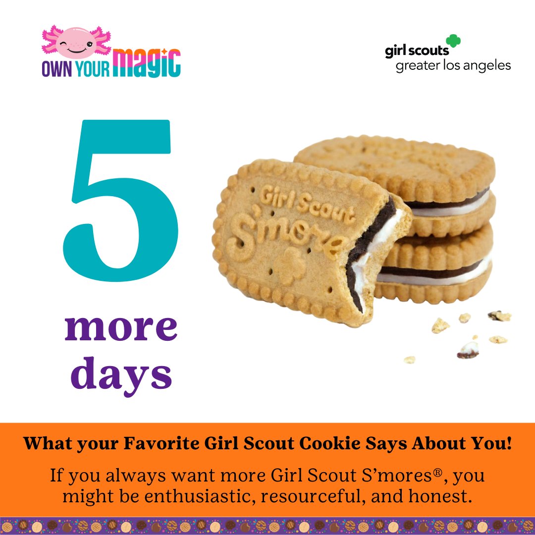 🔥🍪 5 days to S’mores! Are you ready for the deliciously gooey treat that brings the campfire to you? #Smores #GirlScoutCookies #GSGLA girlscoutsla.org/en/cookies.html