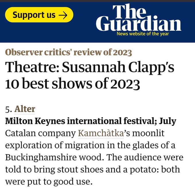 Thrilled that a UK premiere presented at the @IFMKfest was included as one of the 10 best shows of 2023 in @guardianstage . ❤️ ❤️ 🥔 Check out the full Festival Highlights Film from 10 amazing days in July 2023: 👉 lnkd.in/eKkCwYzP4