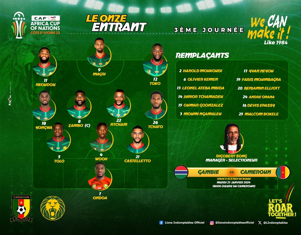 ⚽️🔥 #MATCHDAY Voici les XI #LionsIndomptables qui commencent le match. 💪🏾 #GAMBIE 🇬🇲 🆚 🇨🇲 #CAMEROUN 📆 23/01/2024 ⏰ 18H00 (heure du Cameroun) 🏟️ Stade de la paix 📍 Bouake #GAMCMR | #WECANMAKEIT | #CANTOTALENERGIES2023 | #CMRMAU | #GOLIONS | #ALLEZLESLIONS |