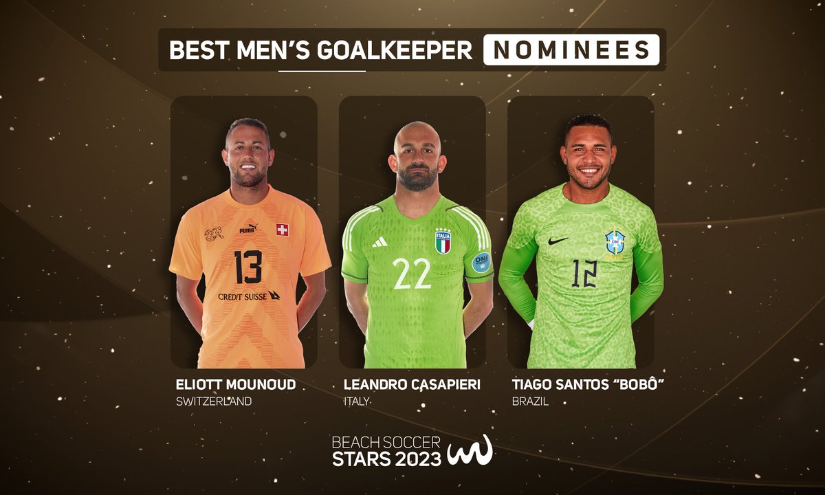 ✨ Beach Soccer Stars - Best Men’s Goalkeeper Nominees: Eliott Mounoud 🇨🇭 Leandro Casapieri 🇮🇹 Tiago Santos “Bobô” 🇧🇷 📣The winner of the Best Men’s Goalkeeper award will be known at the Beach Soccer Stars 2023 Gala on 12 February in Dubai #BeachSoccer #Dubai 🇦🇪