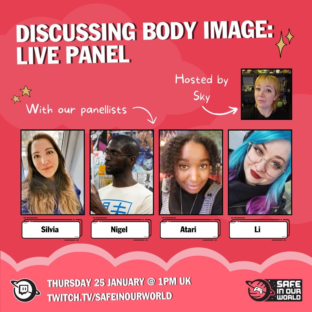 SafeInOurWorld's tweet photo. Join us on Thursday for a live panel hosted by @pr3sidentkang and featuring @meowstations, @mayamada, @heyatarii and @wiredusagi, as we discuss our experiences with body image, how games have helped/hindered, and more ❤️ 
📅  Thursday 25 January, 1PM UK
📺  ttv/SafeInOurWorld https://t.co/9TWnixMMDd