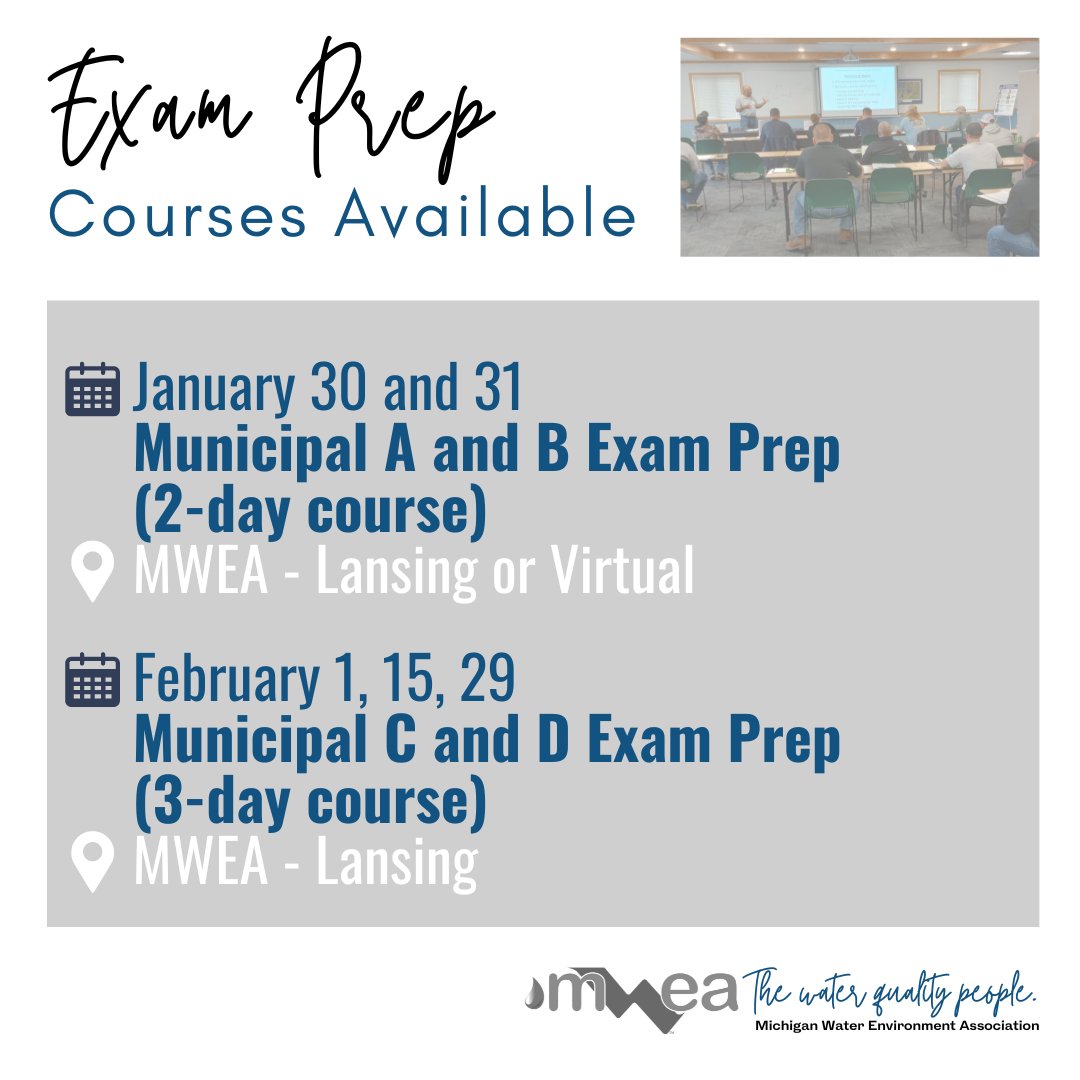 The Michigan Municipal Wastewater Exam is coming up soon! Take our exam prep course NOW and give yourself time to study. For study tips and to register, go to: mi-wea.org/examprep.php