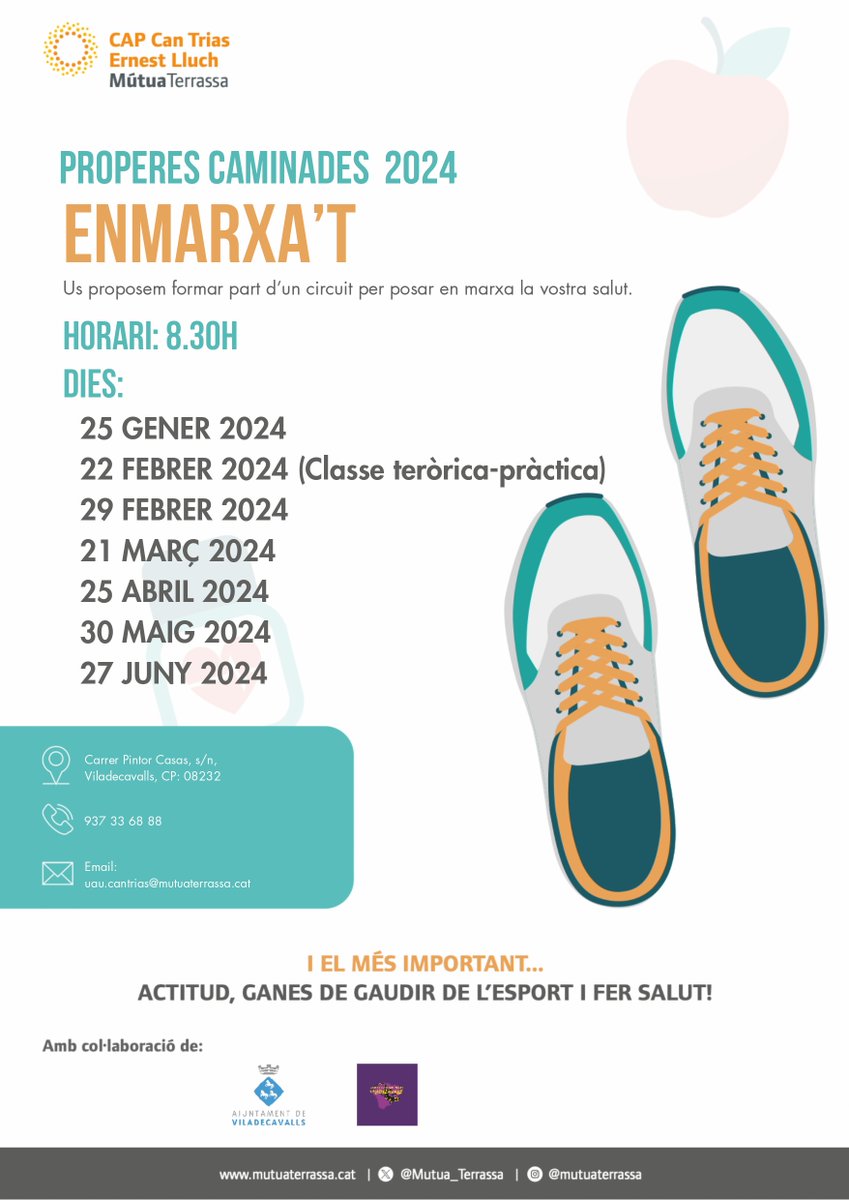 📌 𝗘𝗡𝗠𝗔𝗥𝗫𝗔'𝗧 𝗣𝗘𝗥 𝗟𝗔 𝗗𝗘𝗣𝗥𝗘𝗦𝗦𝗜Ó. Marxa nòrdica per Viladecavalls.

🗓️ 25 de gener
🕡 08.30h
📍 Inici recorregut al pàrquing municipal (Carrer Orenetes, al costat de la policia)

Més informació de les properes caminades 👇👇