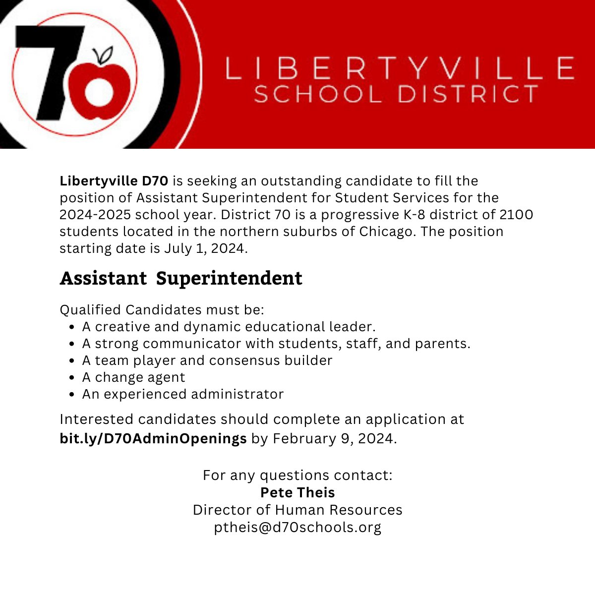 We are looking for an Assistant Superintendent for Student Services @LibertyvilleD70