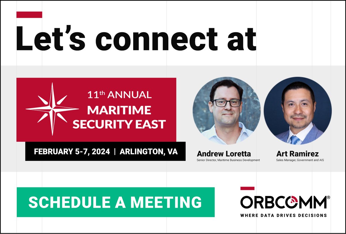 ORBCOMM_Inc's tweet image. Join Andy Loretta and Art Ramirez in Arlington, Virginia for the 11th annual Maritime Security East event. 

Schedule a meeting with Andy or Art and chat about global AIS, small vessel tracking, dark vessel detection, VDES and more: ow.ly/9Z5e50QrSQK

 #marsec #IoT