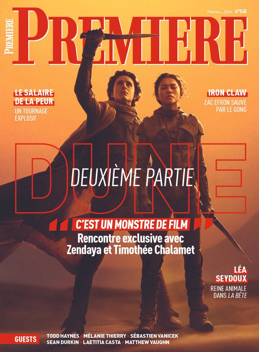 PremiereFR's tweet photo. Dune 2, le blockbuster de l'année, est en couverture du nouveau Première, ce mercredi en kiosque et déjà sur notre boutique en ligne 👇
https://t.co/KRF5Iih7xc 

Avec des interviews exclusives de Denis Villeneuve, Timothée Chalamet, Zendaya, Austin Butler et Javier Bardem 🔥 https://t.co/EbcEUud9WI