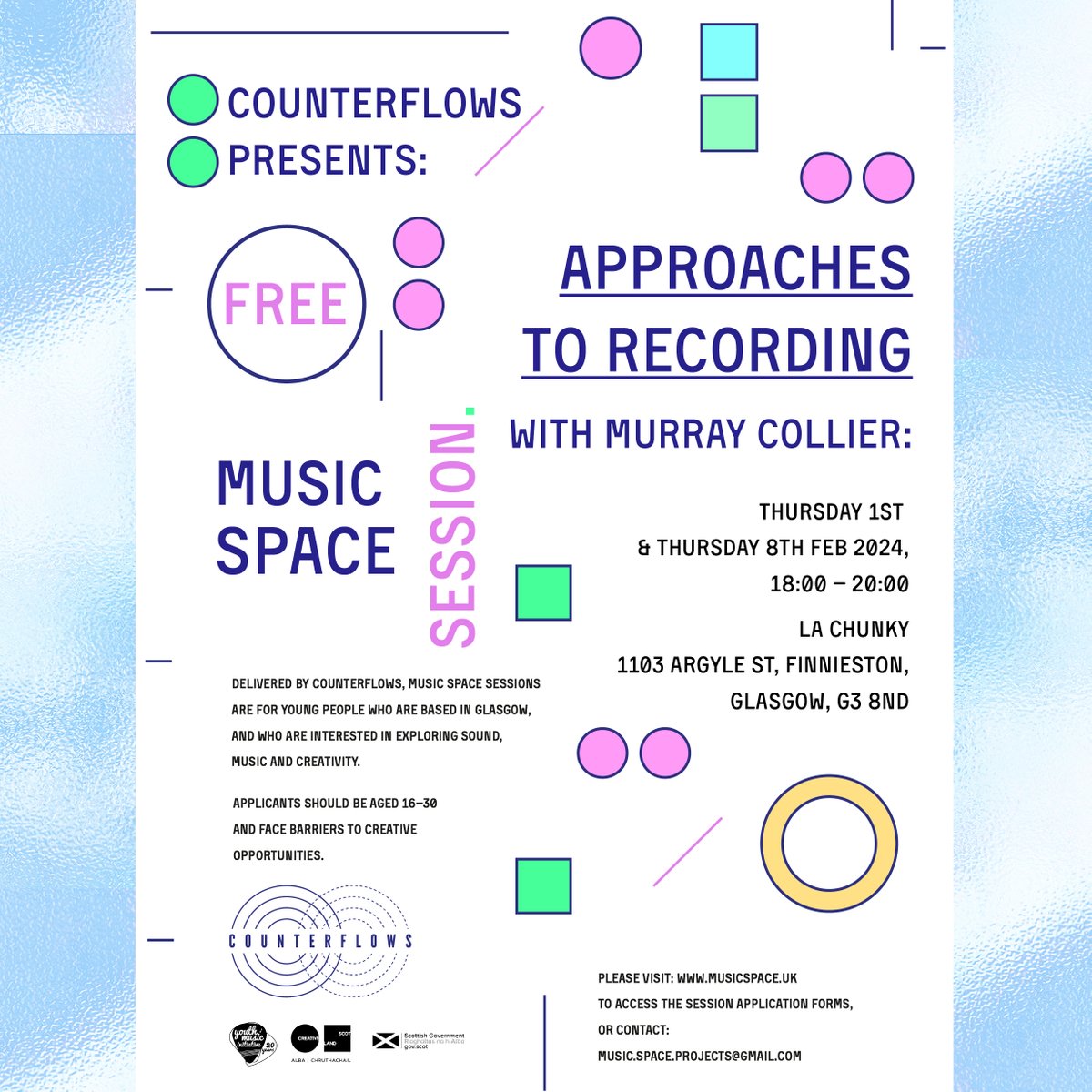 Coming up on 1st and 8th Feb, our next Music Space session will be exploring different approaches to recording with Murray Collier. Visit here to find out more > musicspace.uk/event/approach…