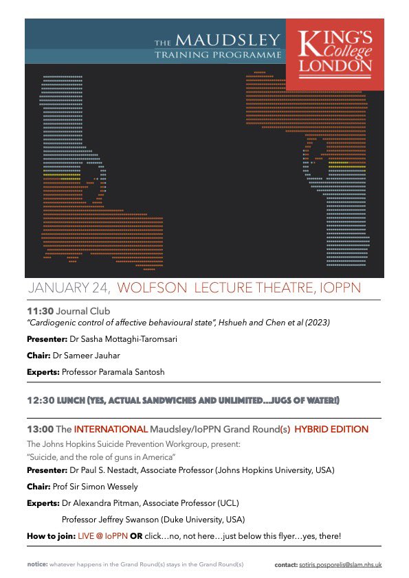 Sotiris Posporelis (@pospo) on Twitter photo What does the epidemiology of suicide in the US like? Is it different to the UK?
What is the importance of lethal means access in suicide risk?
How do gun ownership trends affect suicide rates?
The <a href="/MaudsleyNHS/">NHS Maudsley</a> /<a href="/KingsIoPPN/">Institute of Psychiatry, Psychology & Neuroscience</a> Grand Round(s) with <a href="/paulnestadt/">Paul Nestadt</a>
Tomorrow, 1PM What does the epidemiology of suicide in the US like? Is it different to the UK?
What is the importance of lethal means access in suicide risk?
How do gun ownership trends affect suicide rates?
The <a href="/MaudsleyNHS/">NHS Maudsley</a> /<a href="/KingsIoPPN/">Institute of Psychiatry, Psychology & Neuroscience</a> Grand Round(s) with <a href="/paulnestadt/">Paul Nestadt</a>
Tomorrow, 1PM