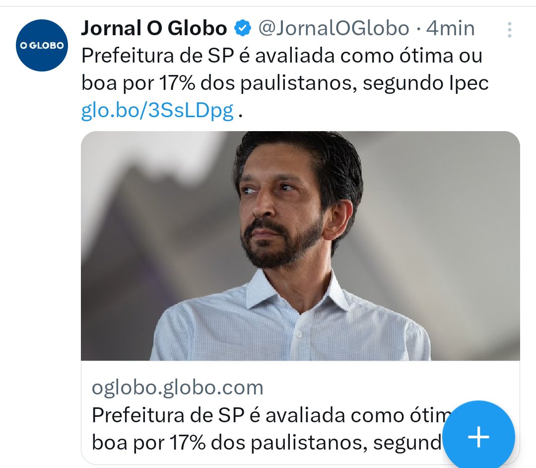 38% dos paulistanos acham a gestão municipal uma merda. Repito: TRINTA E FUCKING OITO por cento acham Nunes um bosta.

A manchete do <a href="/JornalOGlobo/">Jornal O Globo</a> ? 17% dos paulistanos acham Nunes um cara legal.

Deve ser muito bom ser de direita.