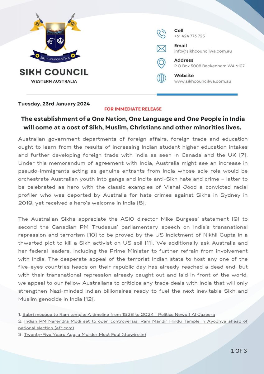Sikh Council of Western Australia tweet media
