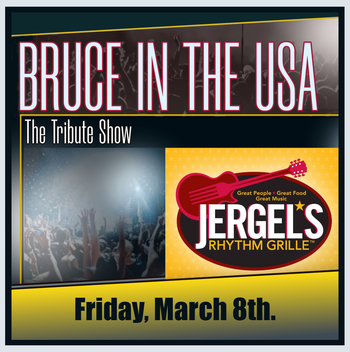 BRUCE IN THE USA - The Bruce Springsteen Tribute Show will be performing at JERGEL'S RHYTHM GRILLE, Warrendale, PA. Friday - March 8th., 2024. Find out more.. etix.com/ticket/p/72740…