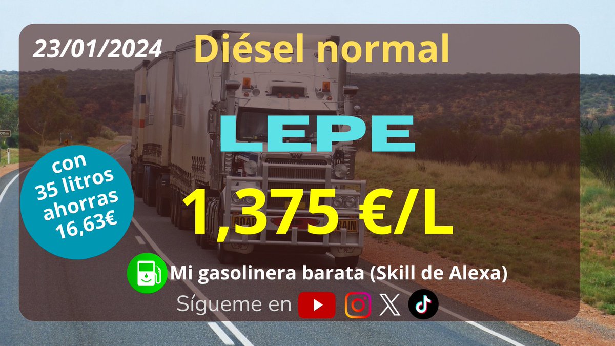 Hoy, en Lepe #Huelva, la gasolinera más barata de diésel normal es Cobella, en Avenida Blas Infante s/n.
Tiene el precio a 1,375 €/L. 
Con 35 litros ahorras 16,63 euros
⛽🔝💰