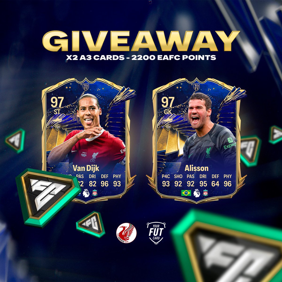 The Anfield Talk (@theanfieldtalk) on Twitter photo 🚨 𝗚𝗜𝗩𝗘𝗔𝗪𝗔𝗬 𝗧𝗜𝗠𝗘 🚨
Thanks to our podcast sponsor <a href="/Your_Fut_Card/">OfficialYourFutCard</a> to celebrate the launch of TOTY, we are giving away 2,200 EAFC points & an A3 card of Alisson & Virgil Van Dijk!
To enter…
✅ Follow us
✅ Follow <a href="/Your_Fut_Card/">OfficialYourFutCard</a>
✅ RT this post 🚨 𝗚𝗜𝗩𝗘𝗔𝗪𝗔𝗬 𝗧𝗜𝗠𝗘 🚨
Thanks to our podcast sponsor <a href="/Your_Fut_Card/">OfficialYourFutCard</a> to celebrate the launch of TOTY, we are giving away 2,200 EAFC points & an A3 card of Alisson & Virgil Van Dijk!
To enter…
✅ Follow us
✅ Follow <a href="/Your_Fut_Card/">OfficialYourFutCard</a>
✅ RT this post