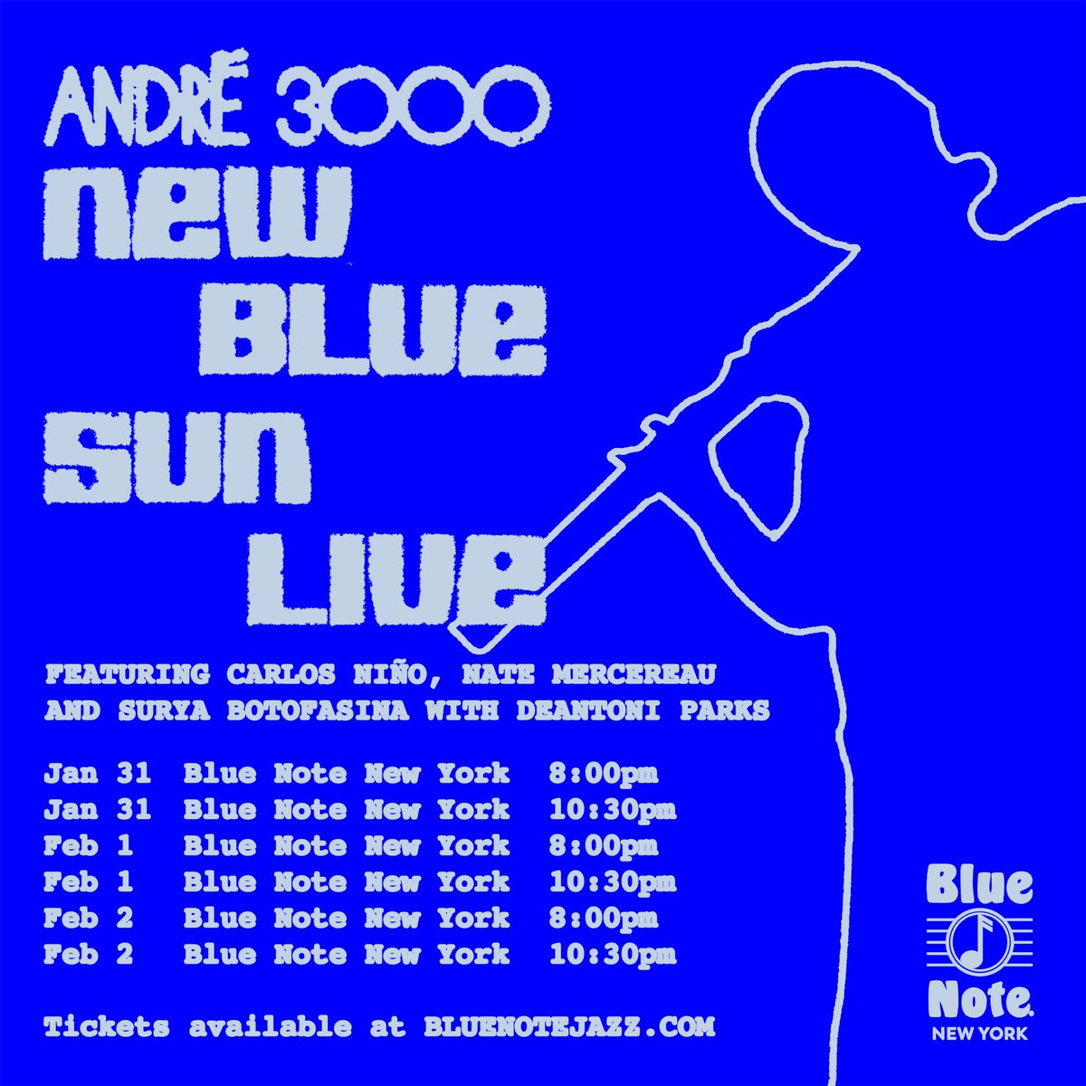 We are honored to announce:⁠ ⁠Andre’ 3000⁠ New Blue Sun Live⁠ will grace the Blue Note stage for three nights Jan 31 - Feb 2! The legendary Andre 3000 will be performing songs from his critically acclaimed new album, “New Blue Sun.”⁠ Tickets on sale Wed, 1/25 at 10am EST