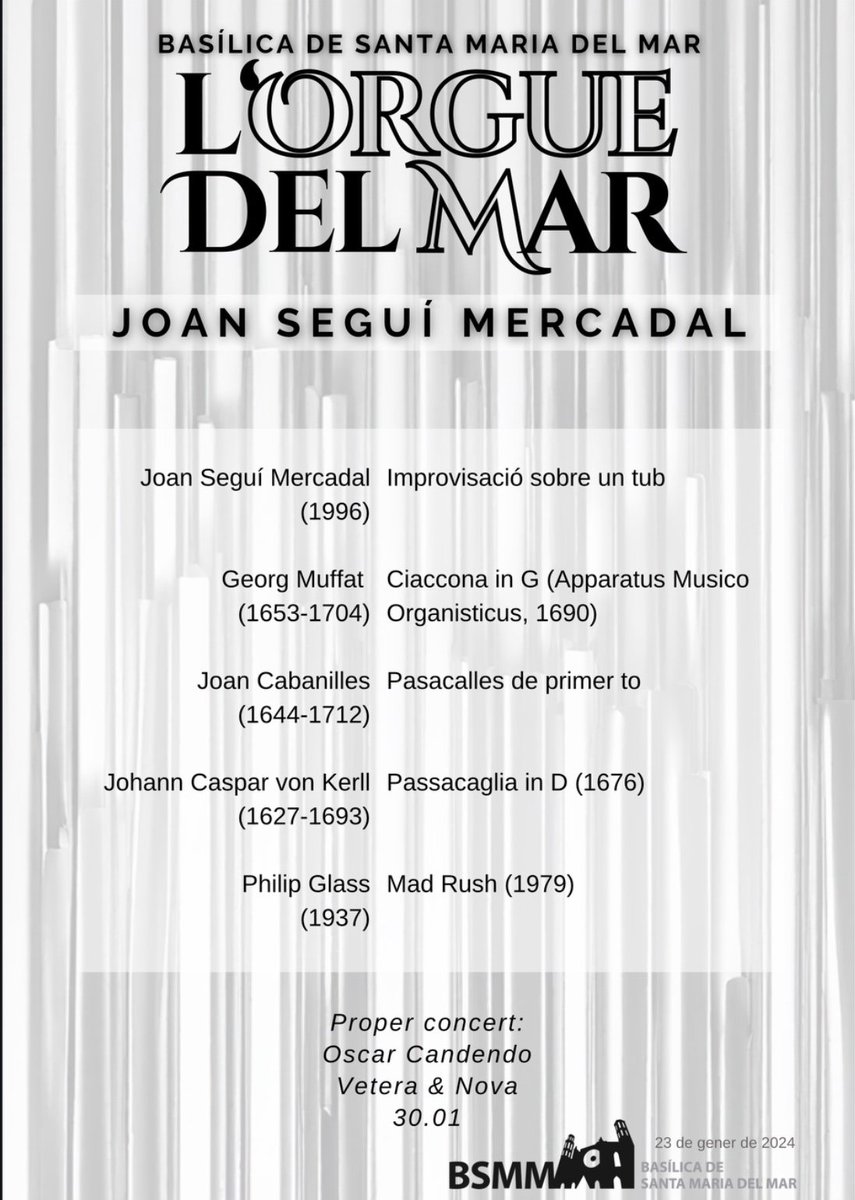 Joan Seguí Mercadal (@joansegui_org) on Twitter photo D'aquí una estona, a les 20:15, 3r concert del cicle #lOrguedelMar a Santa Maria del Mar. Avui jugo a casa amb un programa titulat Mantra.
<a href="/agendaclassica/">Agenda Clàssica</a>
<a href="/catalunyamusica/">Catalunya Música</a>
<a href="/assaig_general/">Assaig general</a> D'aquí una estona, a les 20:15, 3r concert del cicle #lOrguedelMar a Santa Maria del Mar. Avui jugo a casa amb un programa titulat Mantra.
<a href="/agendaclassica/">Agenda Clàssica</a>
<a href="/catalunyamusica/">Catalunya Música</a>
<a href="/assaig_general/">Assaig general</a>