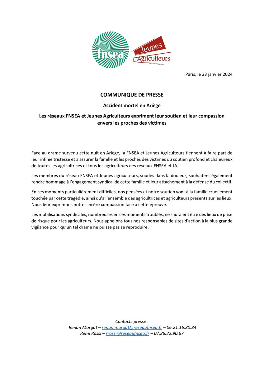 [CP] Accident mortel en Ariège | Les réseaux #FNSEA et <a href="/JeunesAgri/">Jeunes Agriculteurs</a> expriment leur soutien et leur compassion envers les proches des victimes. 
Le communiqué de presse ⤵️
🔗 Lien vers le CP : fnsea.fr/wp-content/upl…
