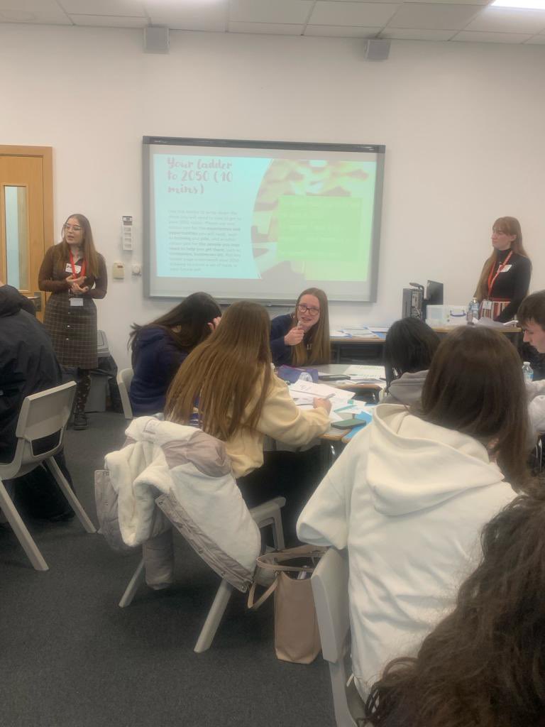 PHS_SixthForm's tweet photo. Laura Tuckey, Amy Bancroft and Rebecca Collins, undergraduate students @uochester worked with us to envisage a ‘good job in a net-zero future’. #PHSAspire https://t.co/K3DJ3qMkBJ