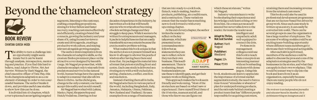 Chintan (@chintanwriting) on Twitter photo It was a pleasure to review Adapt to Thrive, Not Just Survive, a book written by <a href="/haritnagpal/">haritnagpal</a> of <a href="/TataPlayin/">Tata Play</a>, for <a href="/bsindia/">Business Standard</a>. It is published by <a href="/WestlandBooks/">Westland Books</a>. My review was edited by Kanika Datta.
business-standard.com/book/beyond-th… It was a pleasure to review Adapt to Thrive, Not Just Survive, a book written by <a href="/haritnagpal/">haritnagpal</a> of <a href="/TataPlayin/">Tata Play</a>, for <a href="/bsindia/">Business Standard</a>. It is published by <a href="/WestlandBooks/">Westland Books</a>. My review was edited by Kanika Datta.
business-standard.com/book/beyond-th…